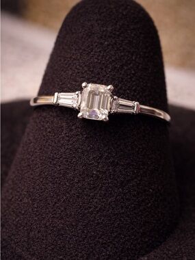 V12 Classic Silver Emerald-Cut Solitaire Ring in Clear Vintage Costume